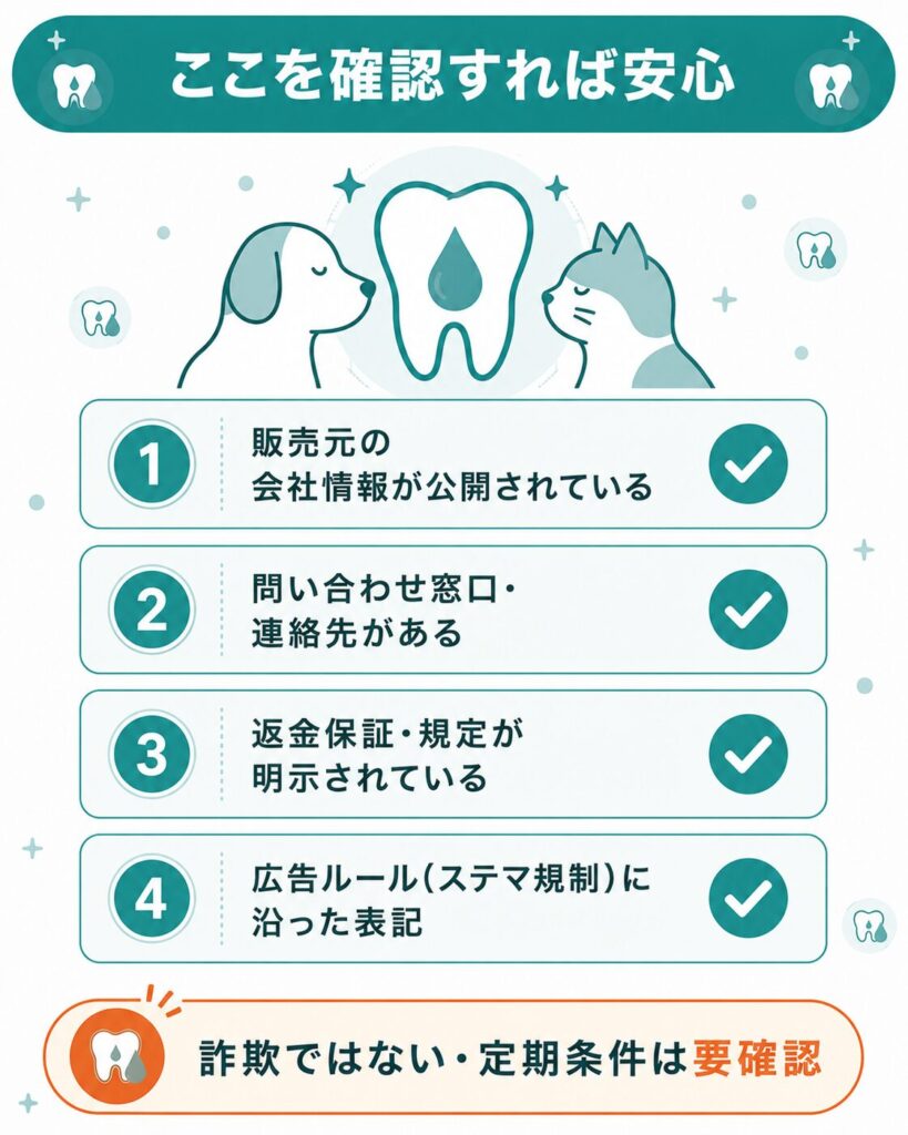 販売元や連絡先など安全性の確認ポイントを示した図解