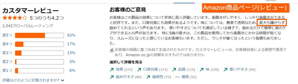 デンタアニマルの評価分布とレビュー傾向の画面