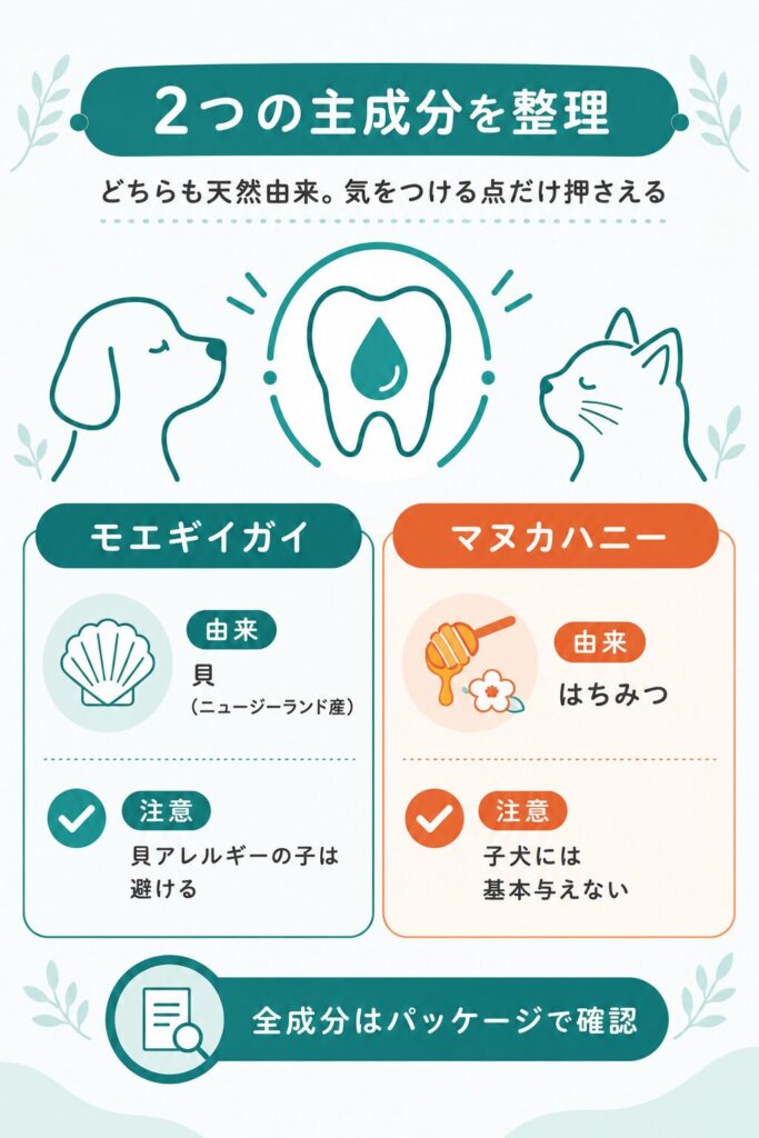 モエギイガイとマヌカハニーの由来と注意を整理した図