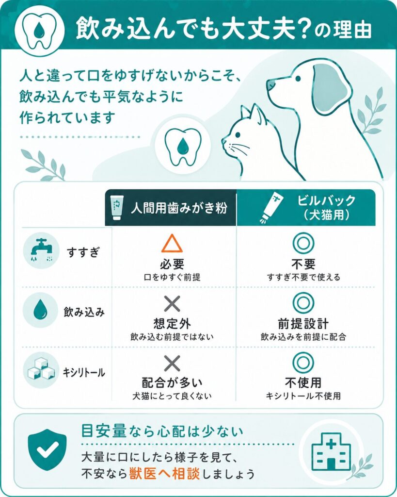 人間用と犬猫用の歯みがきの違いと飲み込みの安全性の比較図