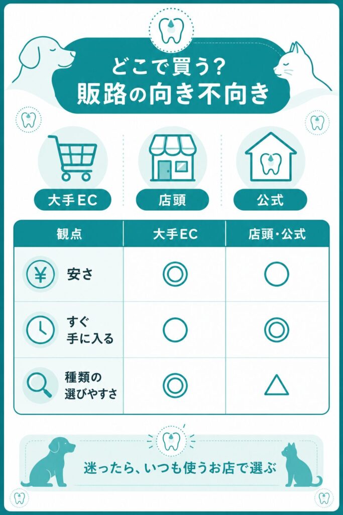 大手ECと店頭・公式の向き不向きを記号で比べた図