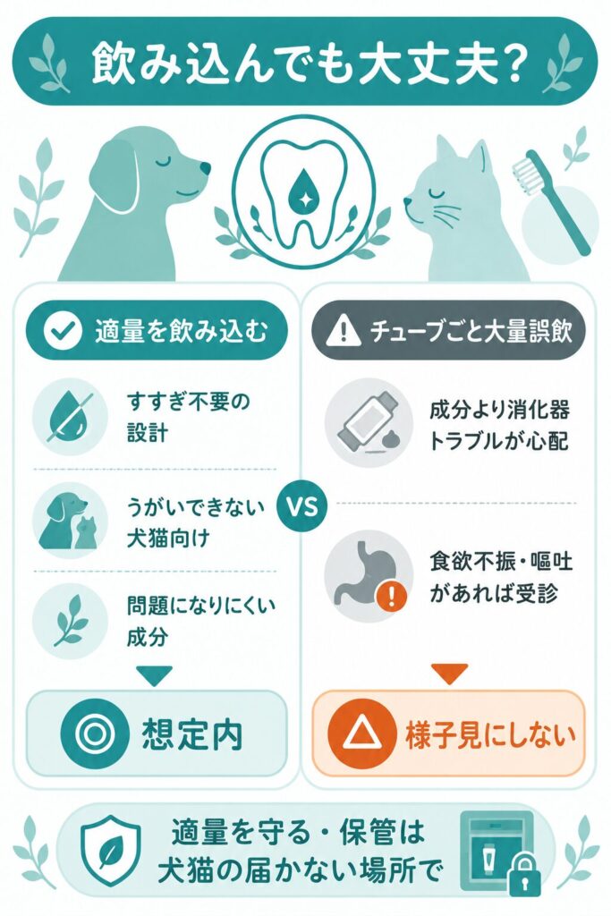 トーラスの歯みがきの飲み込み・誤飲時の考え方の図解