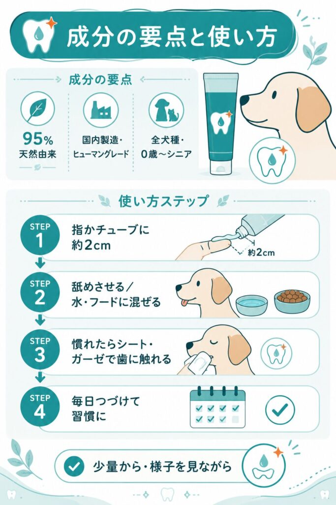 ドクターワンテクトの成分と使い方の手順を示す図解