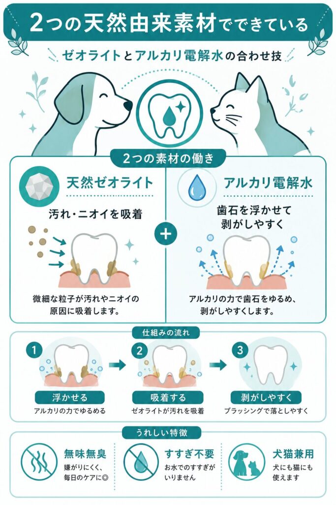 天然ゼオライトとアルカリ電解水の2素材で歯石を浮かせて剥がしやすくする仕組みの解説図