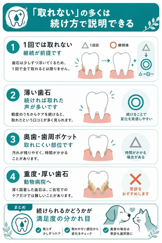 1回では取れず継続が前提という正しい期待値と部位ごとの取れやすさを示した整理図