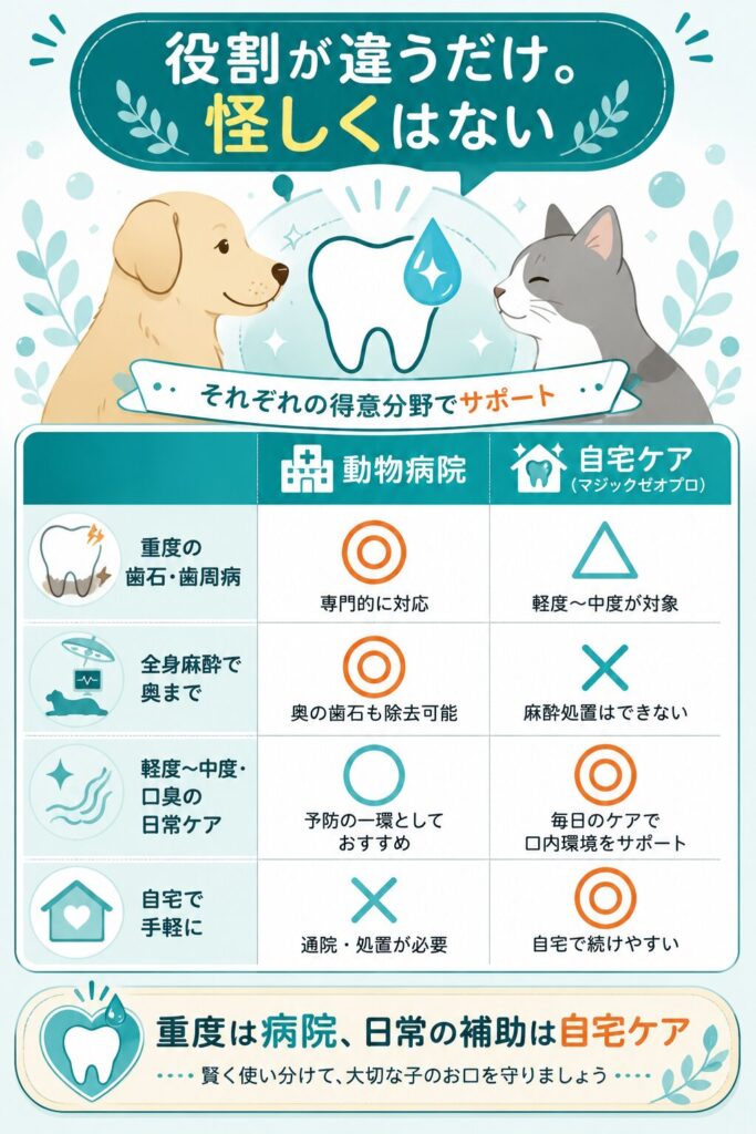 動物病院と自宅ケアの役割分担を中立に比較した両論併記の表