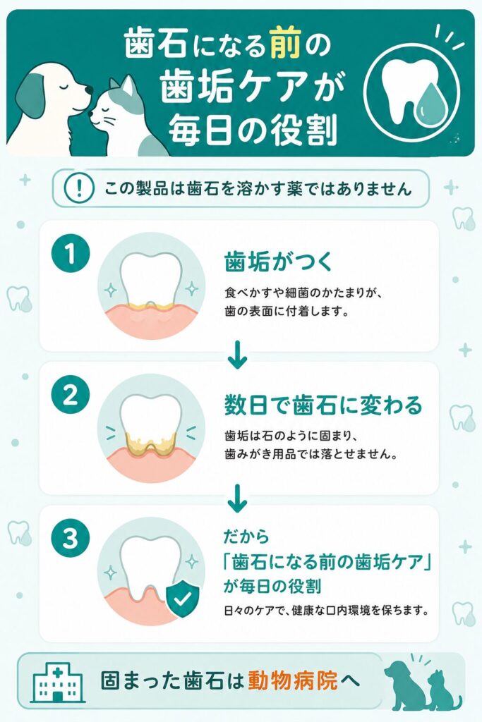 歯垢が歯石になる流れと製品の役割を示す図