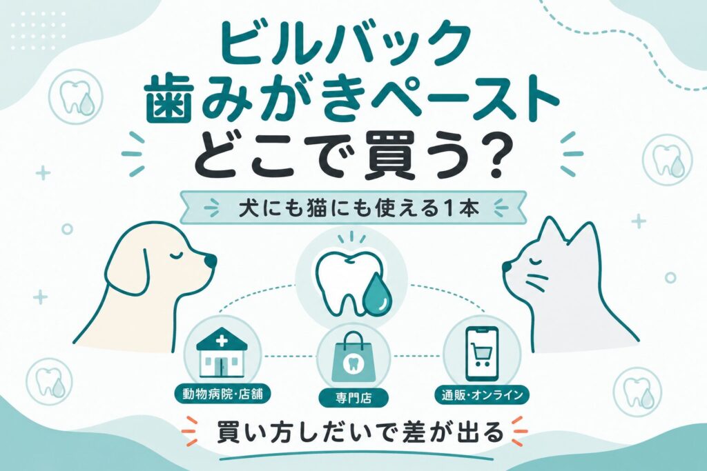 ビルバック歯みがきペーストをどこで買うかを犬猫の対と購入ルートで示した図