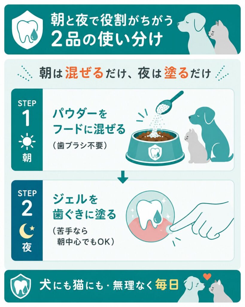朝パウダーと夜ジェルの使い分けを示した図