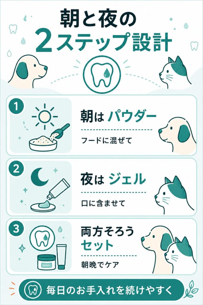 朝パウダー夜ジェルの2ステップを示す図