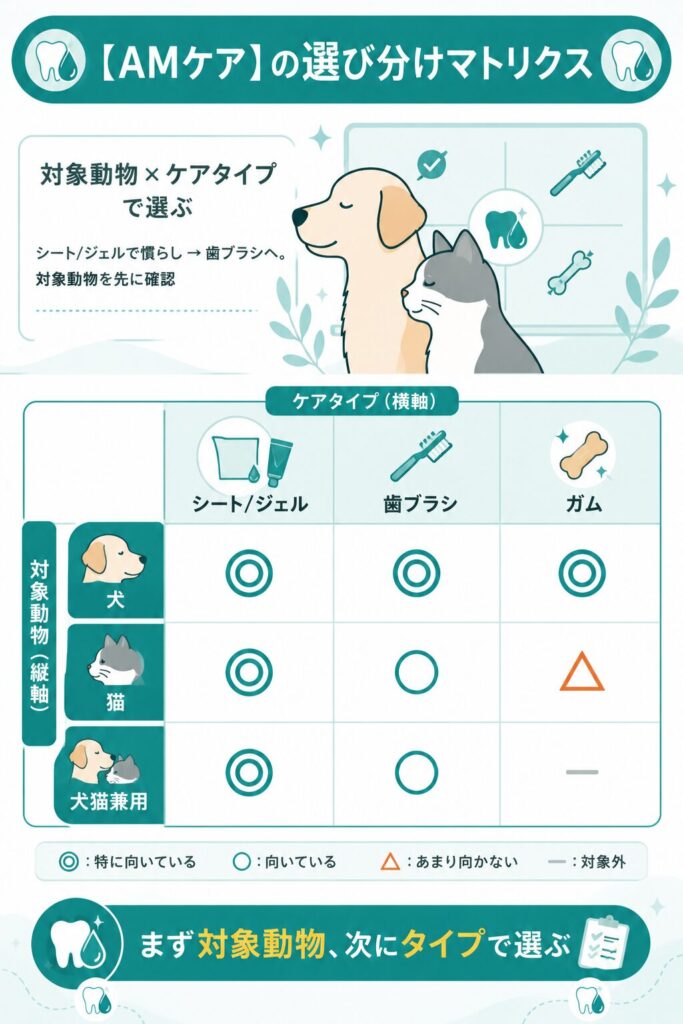 対象動物とケアタイプの選び分けマトリクス図解